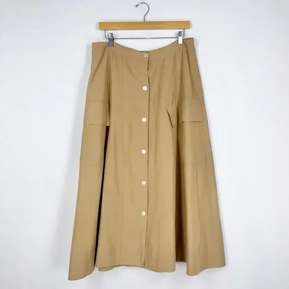 Vince Women's Utility Linen Cotton Blend Midi Skirt Size 12 Sandstorm Tan - Picture 2 of 16